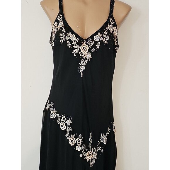 Y2K Vintage Black Asymmetrical Slip Dress  Beaded Applique Sz 10  Flapper 20's - Picture 2 of 7